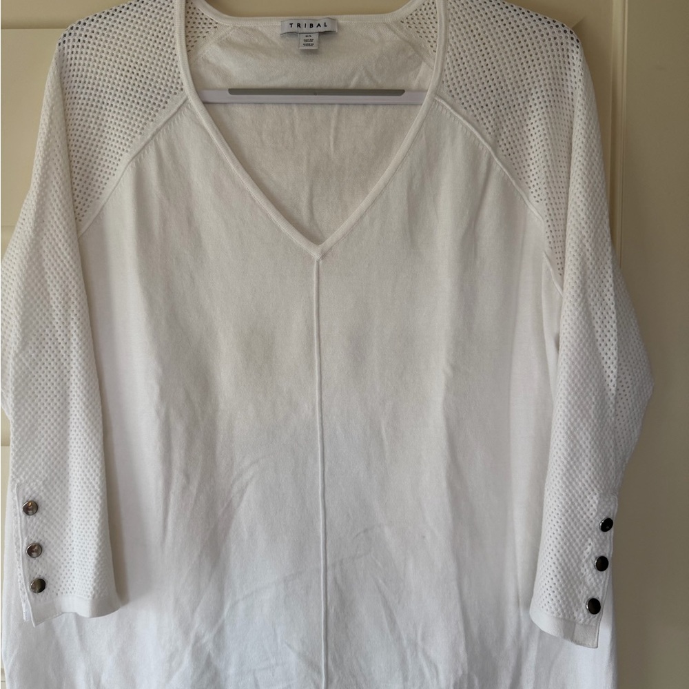 Tribal white Knit Top with Mesh Sleeve Detail
